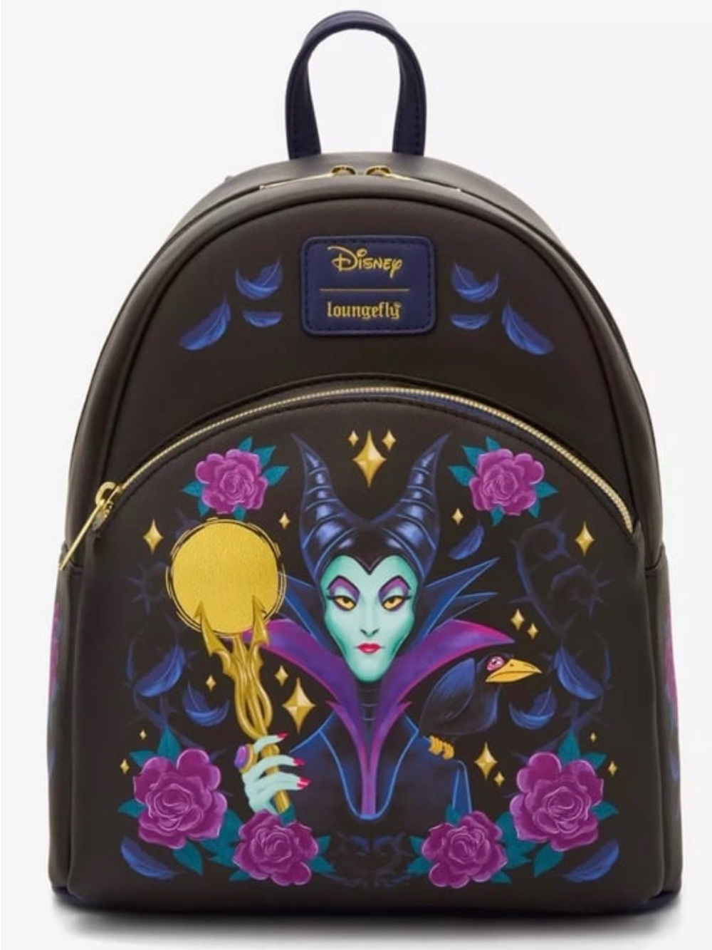 Loungefly Black Mini Backpack with Purple, Teal & Gold Maleficent Design